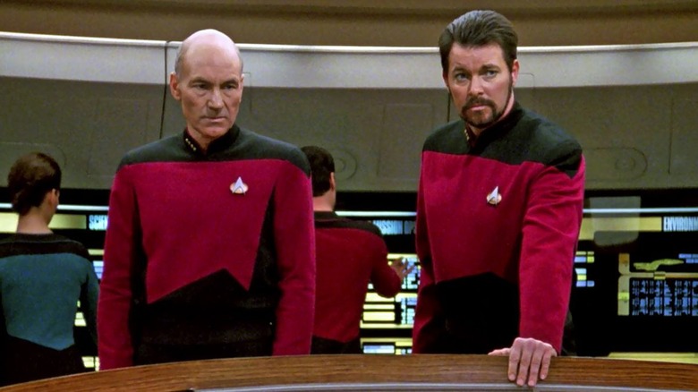 Picard and Riker behind the tactical arch on Star Trek: The Next Generation
