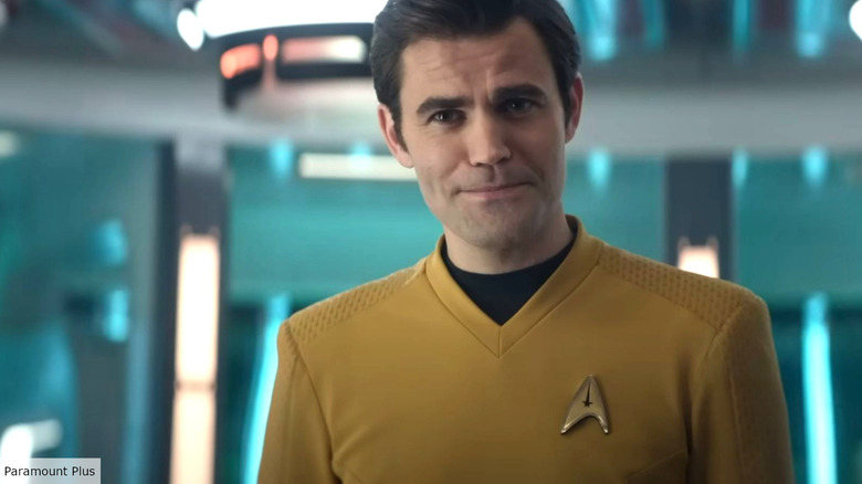 Kirk smiles on the transporter pad in Star Trek: Strange New Worlds