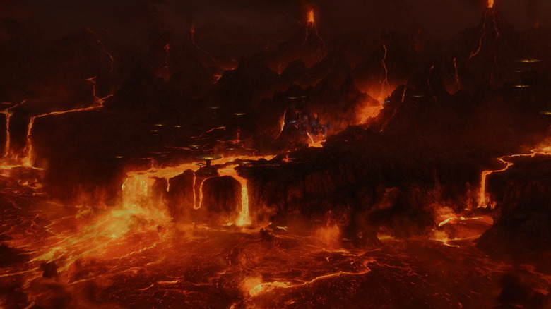 A wide view of a lava river in Mustafar in Revenge of the Sith