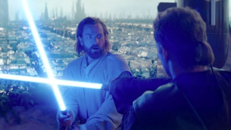 Anakin and Obi-Wan dueling