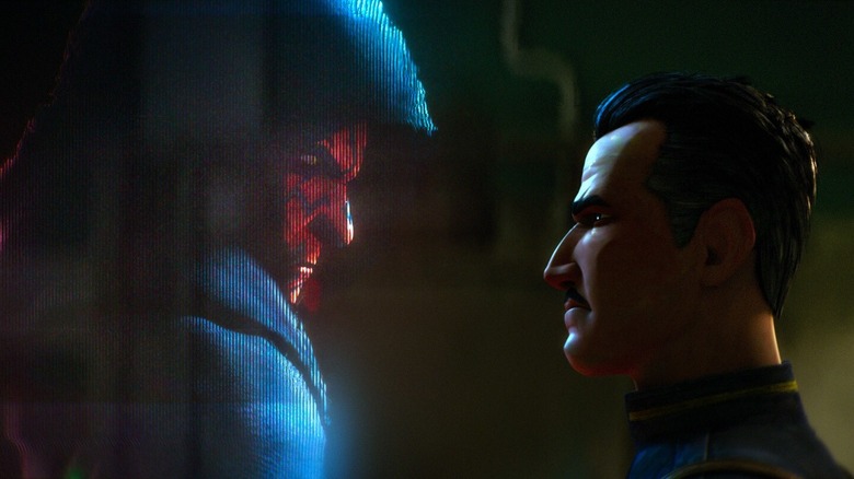 Maul staring down an Imperial officer via hologram in "Star Wars: Maul — Shadow Lord" (2026)