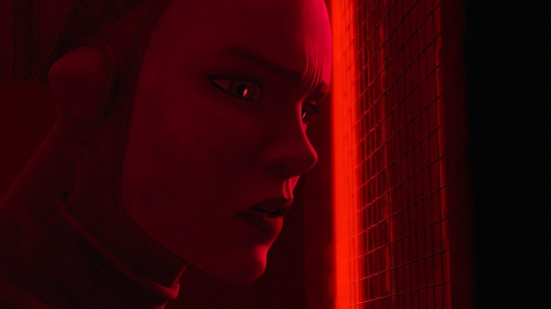 Devon looking concerned, illuminated in red, in "Star Wars: Maul — Shadow Lord" (2026)