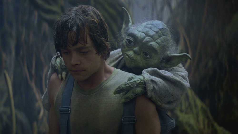 Mark Hamill and Yoda puppet in The Empire Strikes Back