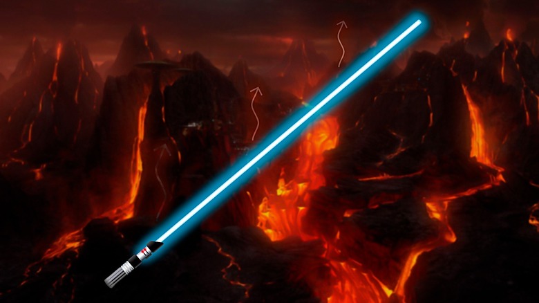 Blue lightsaber over lava landscape