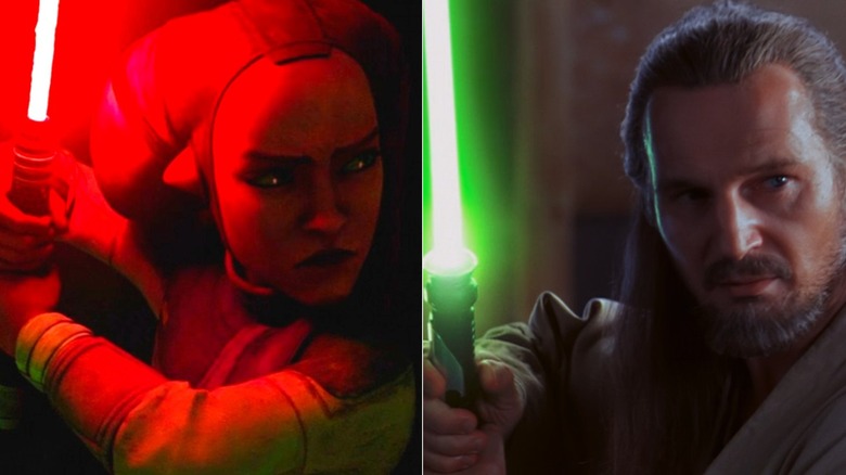 Devon and Qui-Gon both adopting an Ataru form in "Star Wars: Maul — Shadow Lord" (2026) and "The Phantom Menace" (1999)