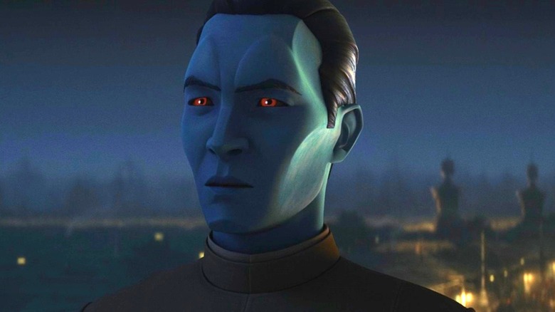 Admiral Thrawn speaking with Morgan Elsbeth at night in Star Wars: Tales of the Empire (2024)