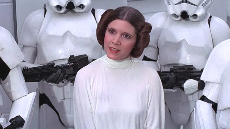Princess Leia surrounded by stormtroopers