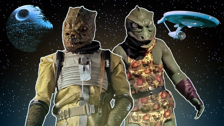 Bossk and the Gorn in front of Death Star and Enterprise