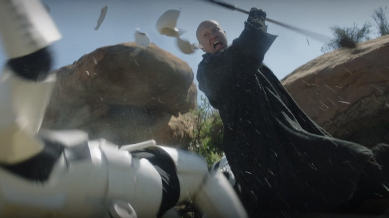 Boba Fett wailing on Stormtroopers with a gaffi stick in The Mandalorian Season 2 (2020)