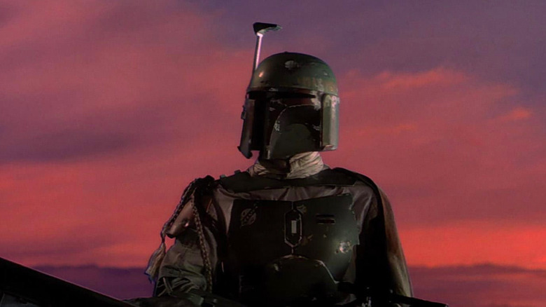 Boba Fett looking to the left against the beautiful Bespin sunset in The Empire Strikes Back (1980)