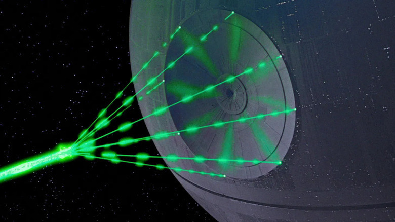 The Death Star fires a series of green energy lasers together to destroy planets in "Star Wars Episode 4: A New Hope"
