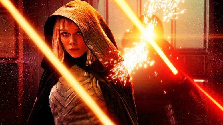 Shin Hati and Baylan Skoll wielding their orange-red lightsabers in 