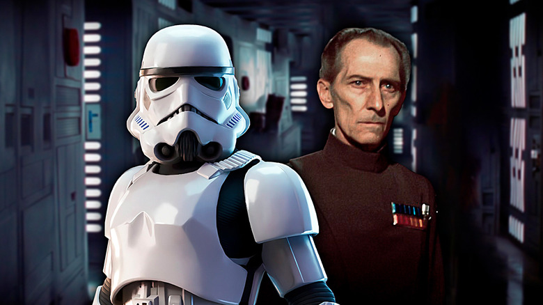 TK-421 and Grand Moff Tarkin in a Death Star corridor