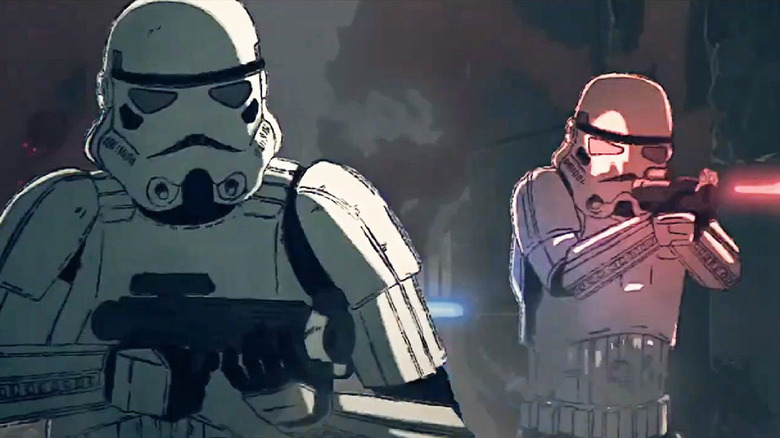 A red and green Stormtrooper aboard the Death Star in the "Star Wars: Visions" episode "BLACK" (2025)