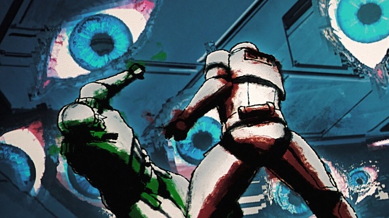 The red and green stormtroopers fight among psychedelic eyes in "BLACK" (2025)