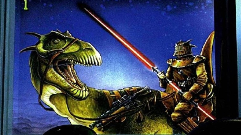 Warrior wielding a double-bladed lightsaber atop a Ubese Thorn-Back War Dragon