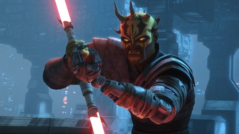 Savage Opress holding a double-bladed red lightsaber out in front of him while grimacing in Star wars: The Clone Wars (2008)