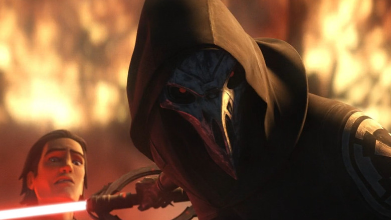 The Eleventh Brother holding his red lightsaber to the throat of a farmer as fire blazes in the background in Star Wars: Tales of the Jedi (2022)