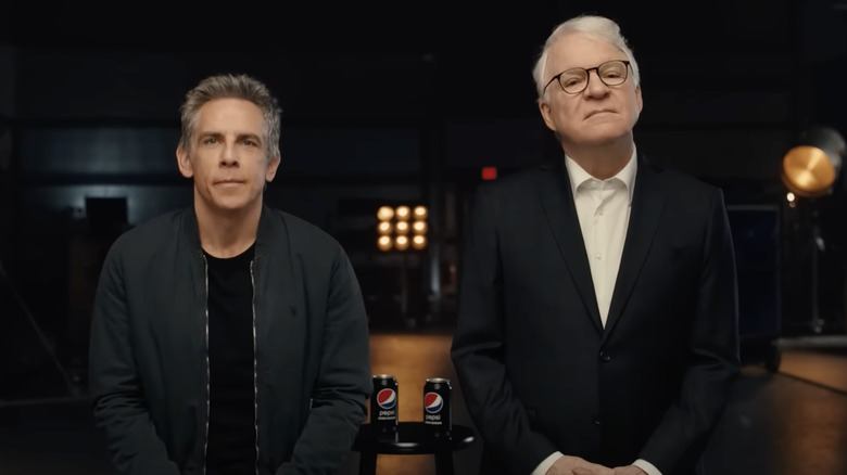 Actors Ben Stiller and Steve Martin standing next to cans of Pepsi Zero Sugar