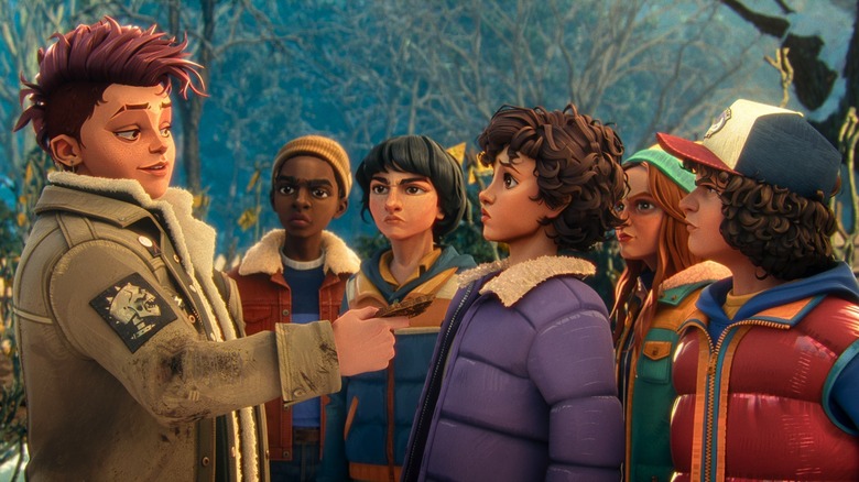 Nikki Baxter handing something to El as her friends watch on in 