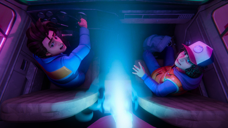 Steve and Dustin freak out during a monster attack in "Stranger Things: Tales from '85"