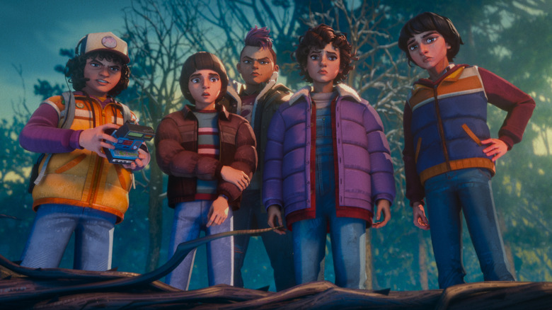 The gang gather by a hole in "Stranger Things: Takes from '85"