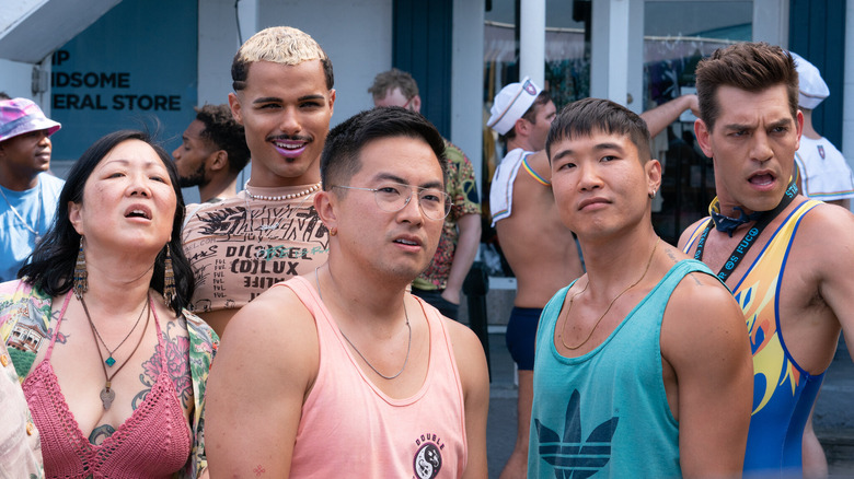 The main characters of Fire Island  (2022) looking confused