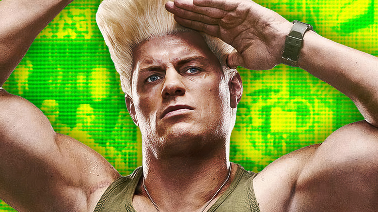 Guile from Street Fighter posing against a green background
