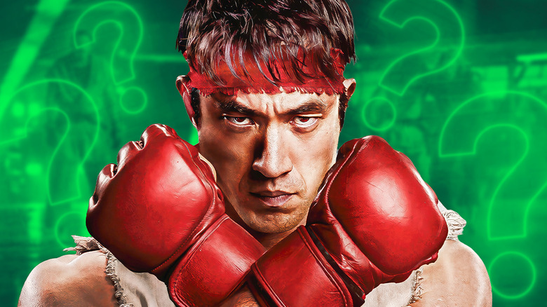 Ryu posing against a green question mark background