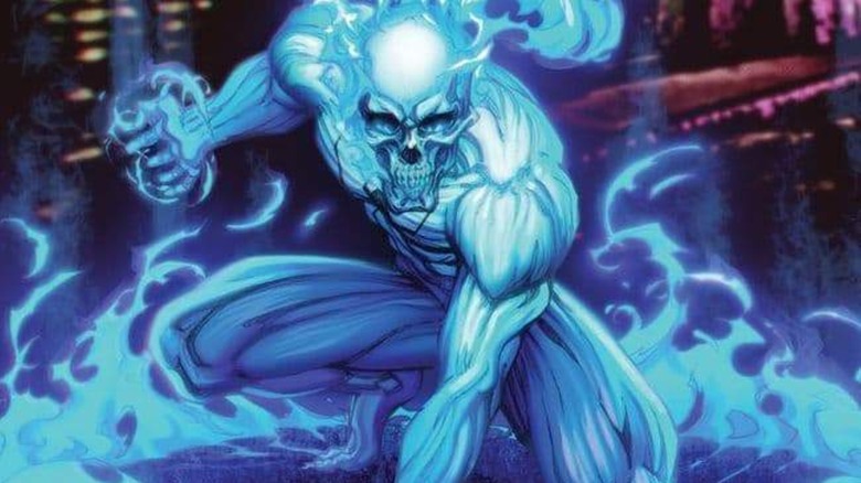 Ghost Spider crouched surrounded by blue flames