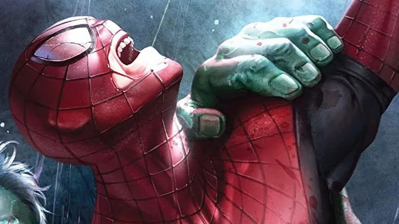 Zombie Spider-Man swinging while holding a criminal