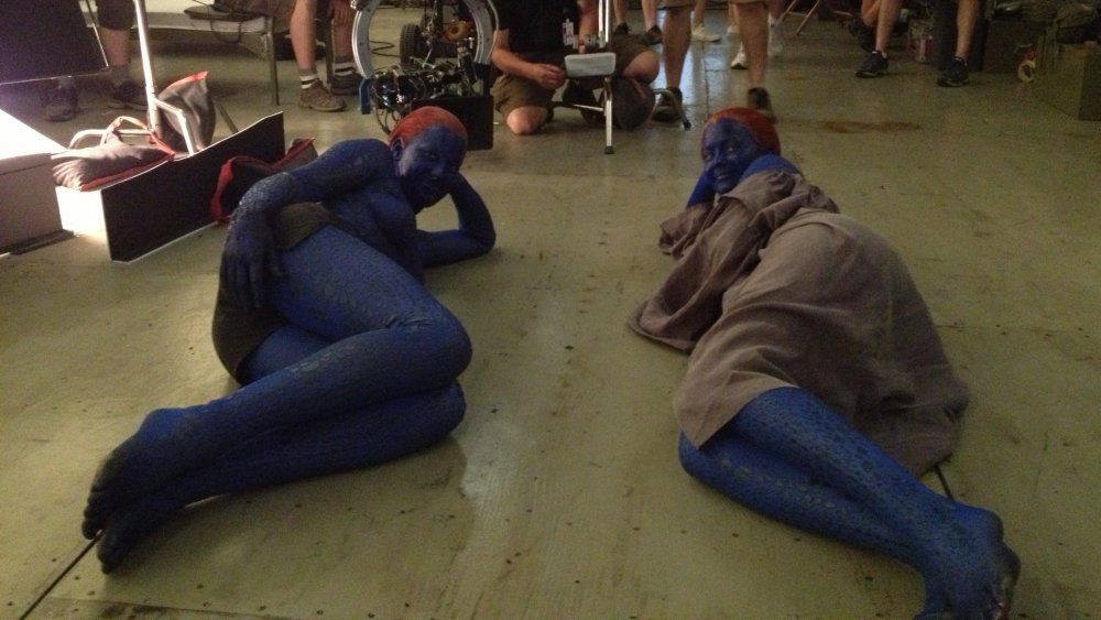 Renae Moneymaker and Jennifer Lawrence on the set of X-Men