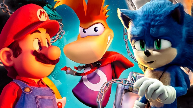 Rayman standing between Mario and Sonic