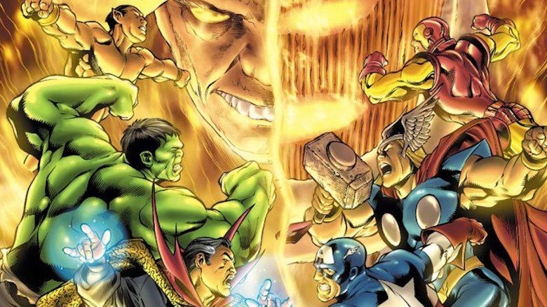 The Defenders and Avengers charging each other