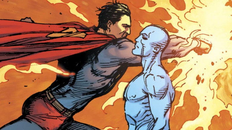 Superman facing off against Dr. Manhattan