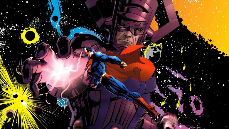 Superman fighting Galactus over a cosmic background