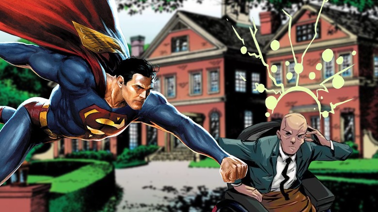 Superman fighting Professor X in front of the X-Mansion
