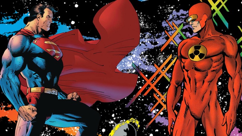 Superman facing off against Solar: Man of the Atom over a Kirby cosmic backdrop