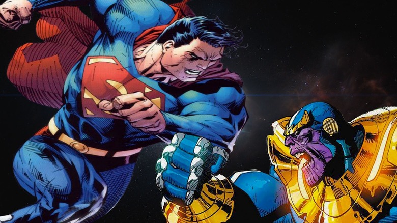 Superman fighting Thanos with a cosmic background