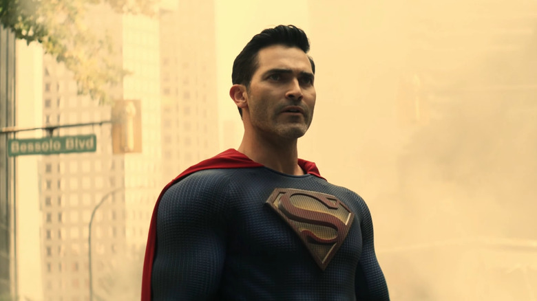 Superman standing with his brows furrowed