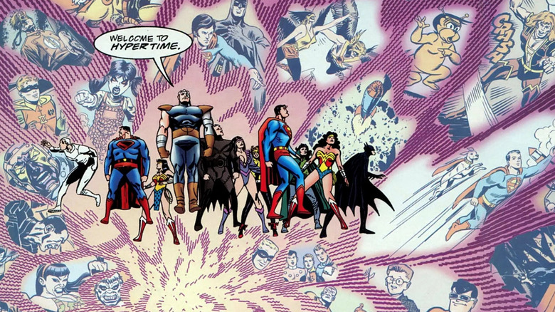 A group of superheroes looking at the concept of Hypertime