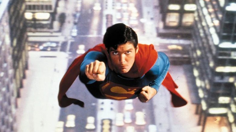 Superman flying above a city in Superman: The Movie