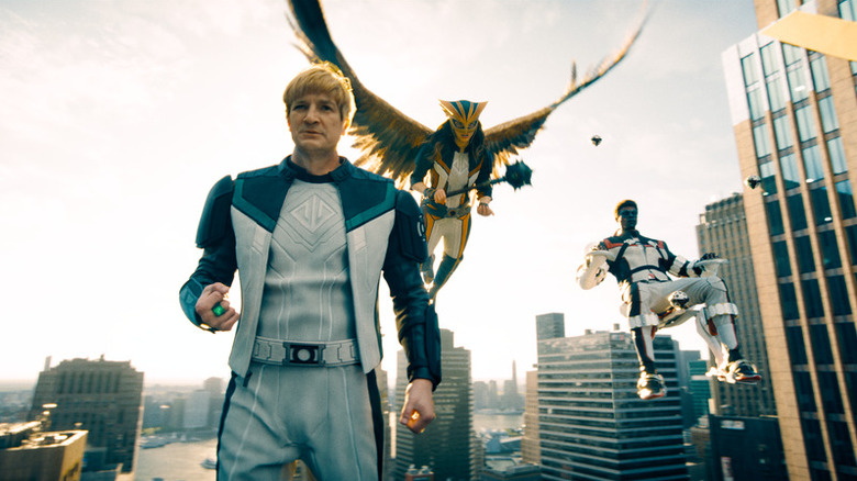 Guy Gardner, Hawkgirl, and Mr. Terrific in the sky in "Superman" (2025)