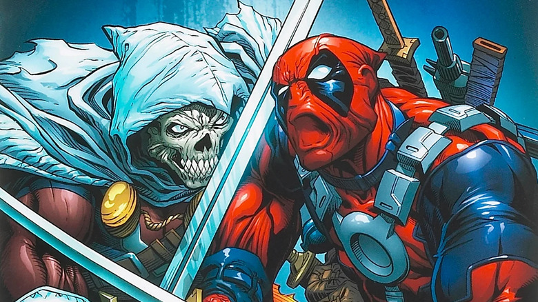 Deadpool and Taskmaster clash swords.