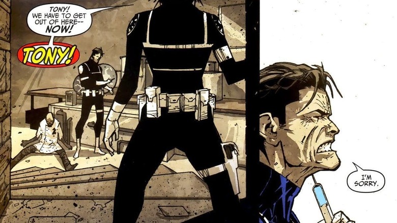 Tony Masters injects himself with a syringe of Super Soldier Serum.
