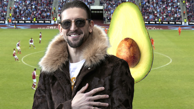 Zava, an avocado, superimposed in front of a soccer field