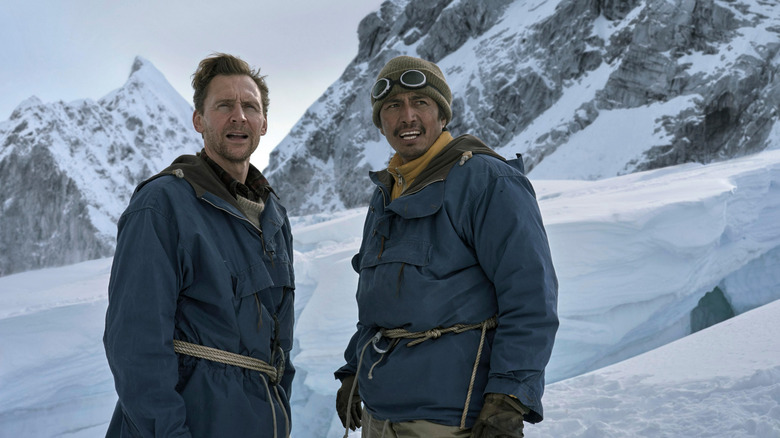Edmund and Tenzing standing on Everest in "Tenzing" (2026)