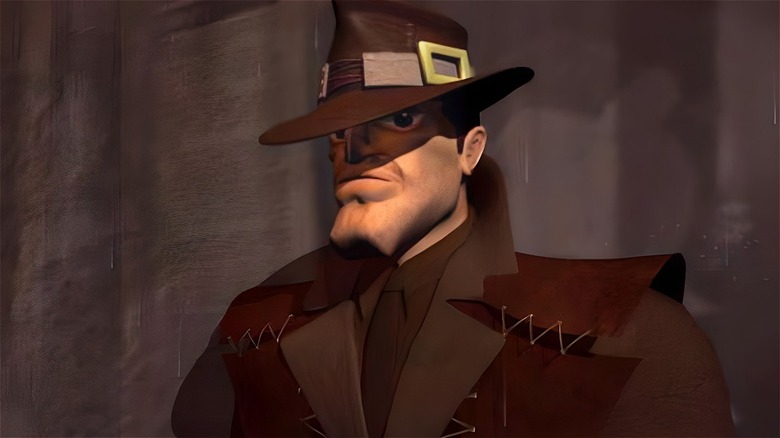Lawton wearing a trench coat and hat