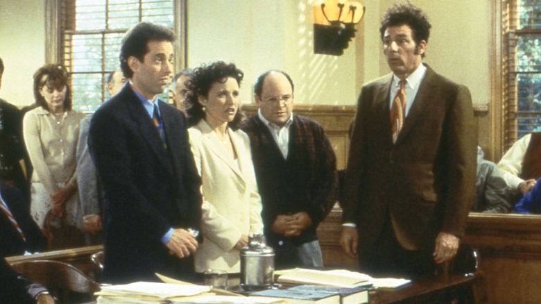 Jerry, George, Kramer, and Seinfeld in court during the "Seinfeld" finale