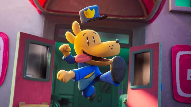 Dog Man excitedly kicking open a door in Dog Man